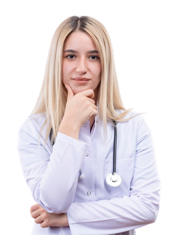 Doctora con bata blanca pensativa